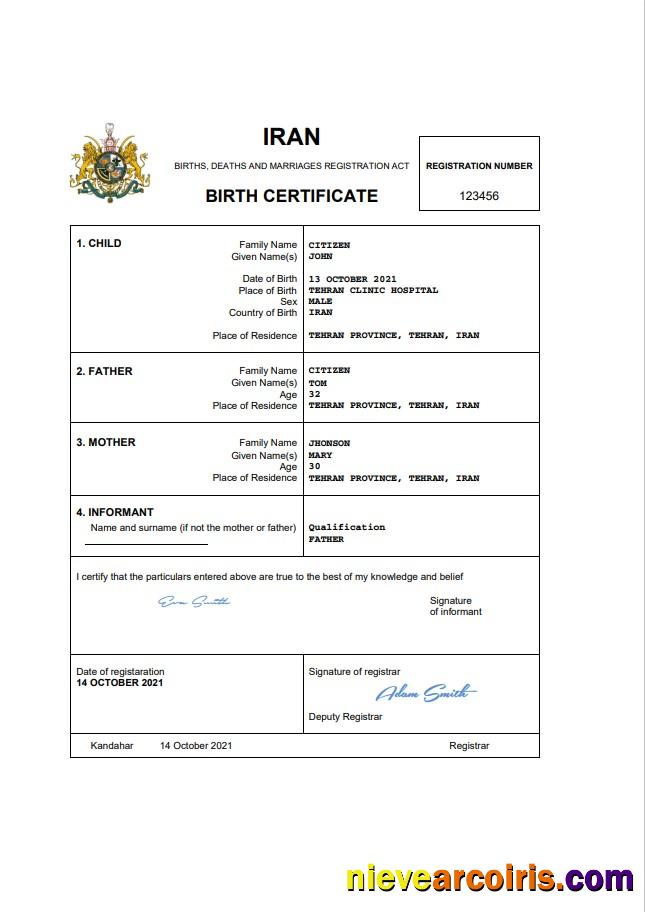 Iran vital record birth certificate